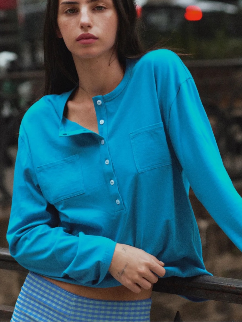 Zara Oversized Henley Long Sleeve Top Teal Blue NWT Women's Size L
